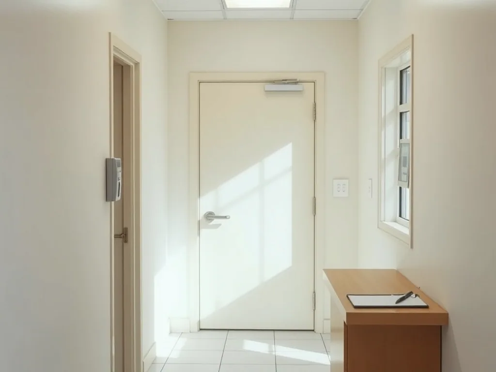 The entrance hallway with a keypad beside the door and a sign-in clipboard on a low counter.