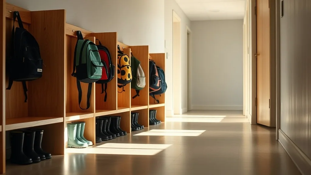 A row of wooden cubbies along a hallway, small backpacks on the pegs and rubber boots lined up underneath in the morning light.
