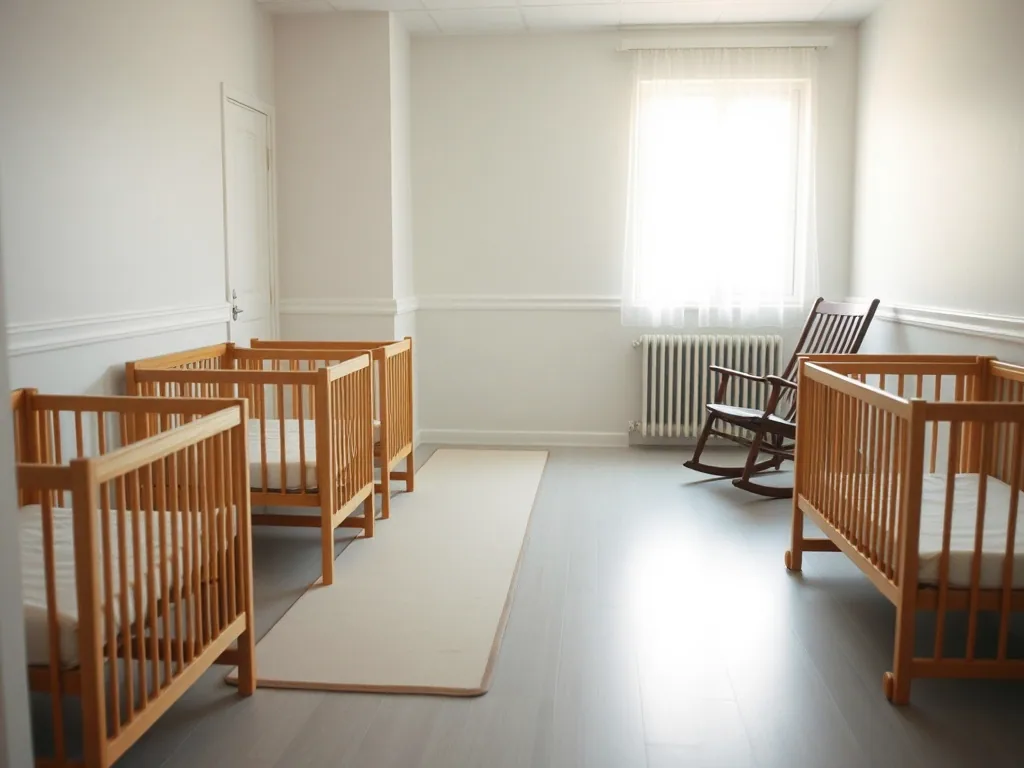 An infant room with four wooden cots, a soft floor mat and a rocking chair by the window.