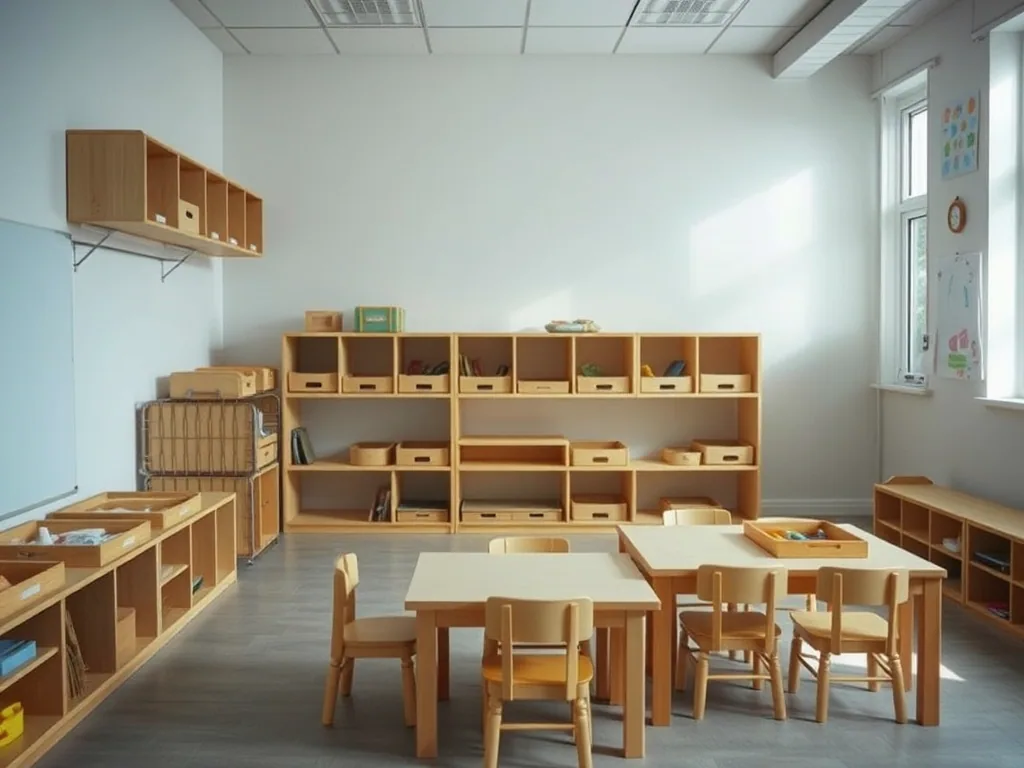 A pre-K room with low open shelving, trays of materials and small chairs at a low table.