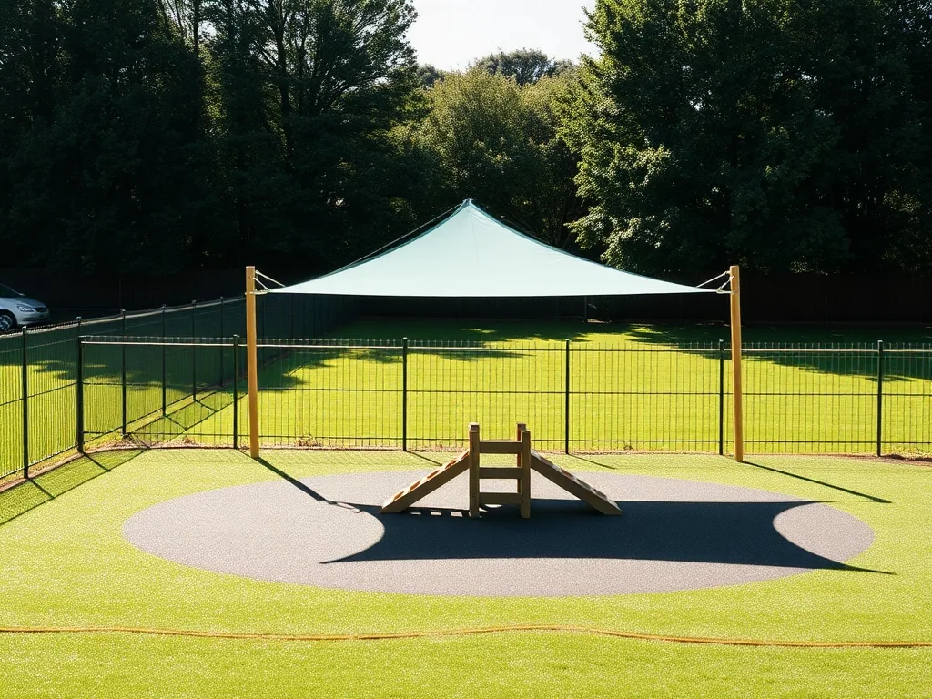 The fenced play yard, a shade sail over a small climbing frame with grass beyond the fence.